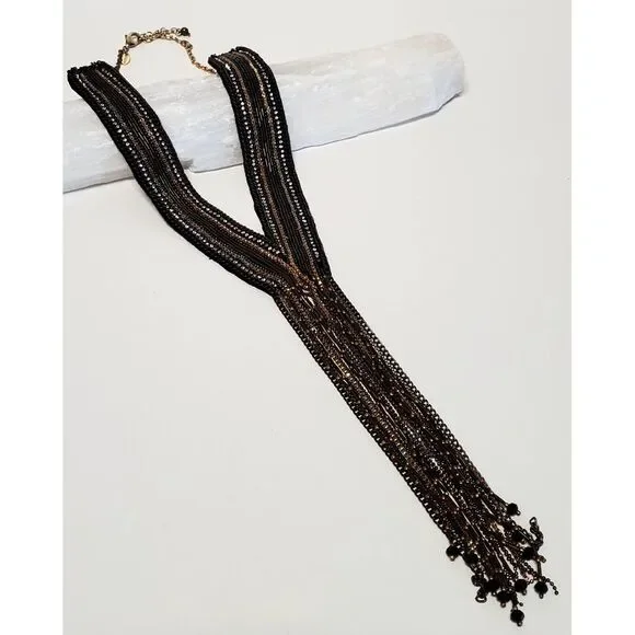 Chico's Miesha Necklace Fringe Bead Silver Gold Beads Collar Statement Y Pendant - Picture 5 of 11